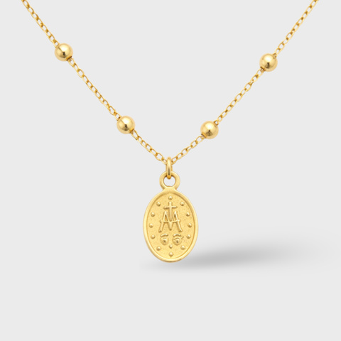 14K Yellow Gold mini miraculous medal beaded necklace, detail view