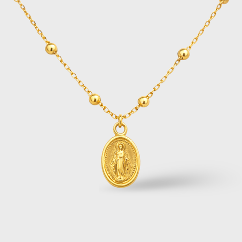 14K Yellow Gold mini miraculous medal beaded necklace, front view