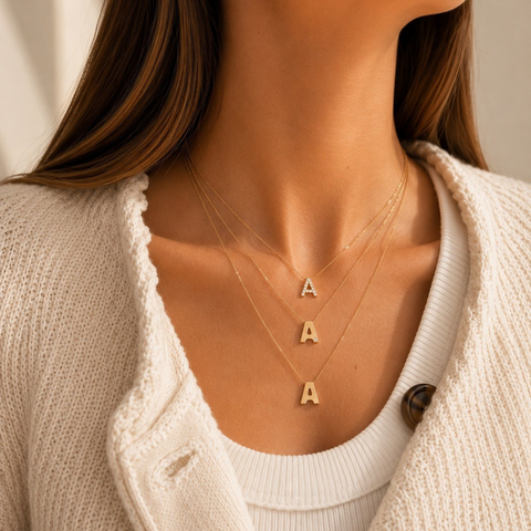 A close-up of a woman wearing a delicate layered necklace set with three gold chains and matching initial 'A' pendants, styled with a cream knit top and cardigan.