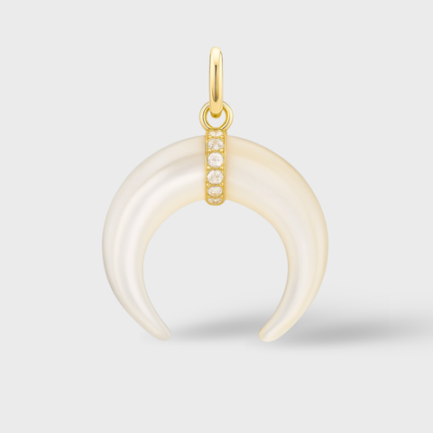 14K Yellow Gold mother of pearl diamond crescent pendant with round white diamonds, front view