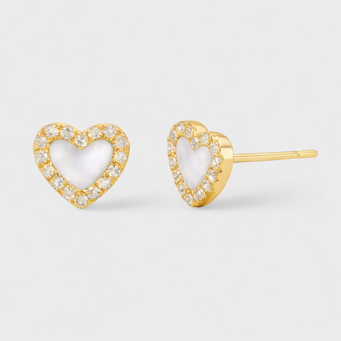 14K Yellow Gold mother of pearl & diamond & pearl bezeled earrings with round white diamonds, front view