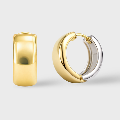 14K Yellow and White Gold Wide Two-Tone Huggie Earrings with polished 5mm hoop design and secure 14mm closure by Vaskia Jewelry