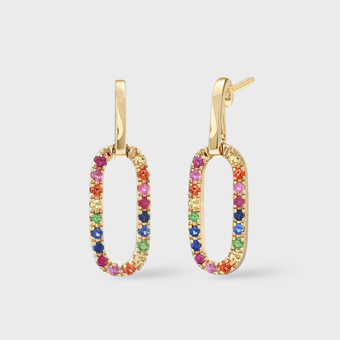 14K Yellow Gold multi-gemstone pavé oval drop stud earrings with pavé, front view