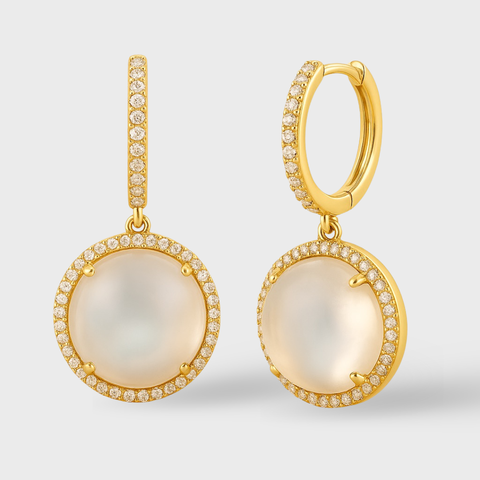 14K Yellow Gold diamond & mother of pearl drop earrings with round white diamonds, front view