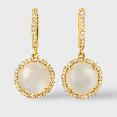 14K Yellow Gold diamond & mother of pearl drop earrings with round white diamonds, detail view