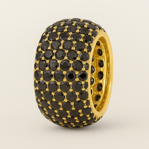 Pavé black diamond rondelle in 14K gold with five rows of round black diamonds in a polished domed design