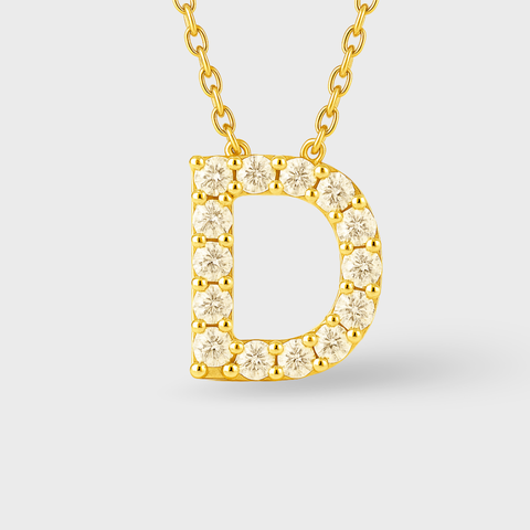 14K Yellow Gold pavé diamond initial necklace with round white diamonds, worn view