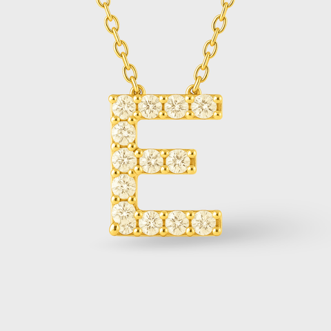 14K Yellow Gold pavé diamond initial necklace with round white diamonds, angle view