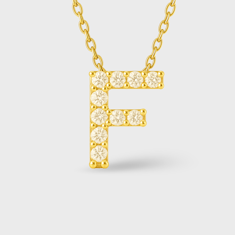 14K Yellow Gold pavé diamond initial necklace with round white diamonds, front view