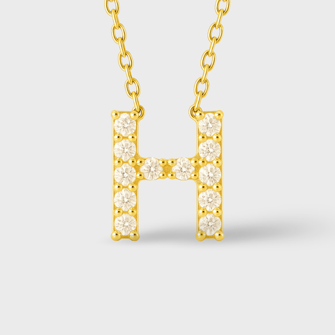 14K Yellow Gold pavé diamond initial necklace with round white diamonds, detail view