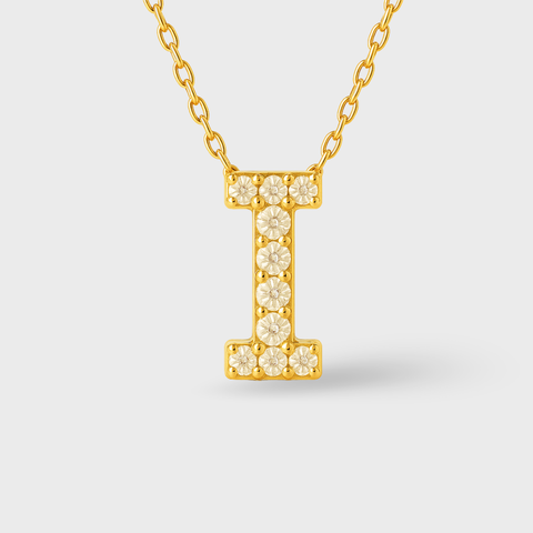 14K Yellow Gold pavé diamond initial necklace with round white diamonds, worn view