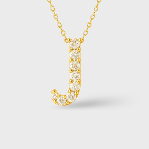 14K Yellow Gold pavé diamond initial necklace with round white diamonds, angle view