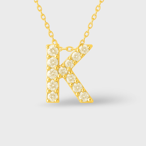 14K Yellow Gold pavé diamond initial necklace with round white diamonds, front view
