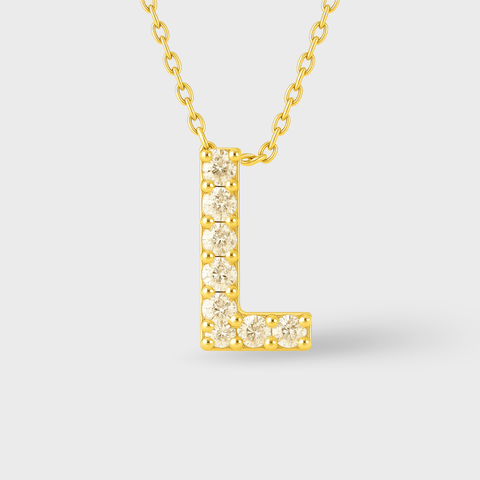 14K Yellow Gold pavé diamond initial necklace with round white diamonds, side view
