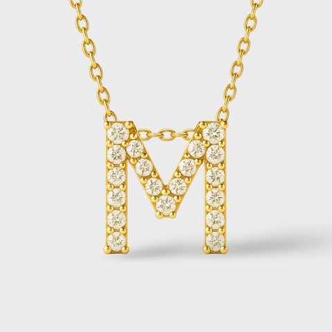 14K Yellow Gold pavé diamond initial necklace with round white diamonds, detail view