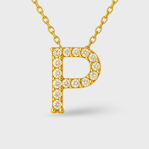 14K Yellow Gold pavé diamond initial necklace with round white diamonds, front view