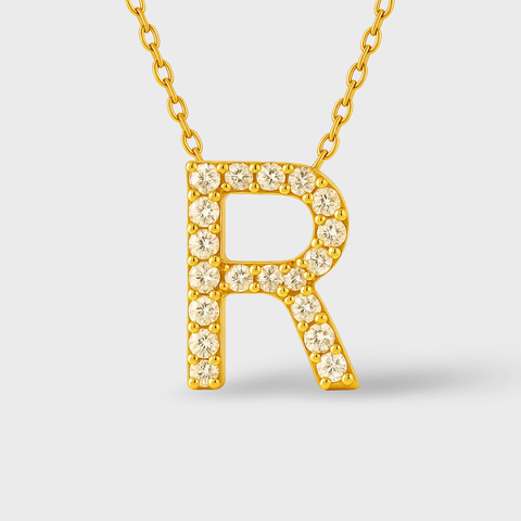 14K Yellow Gold pavé diamond initial necklace with round white diamonds, side view