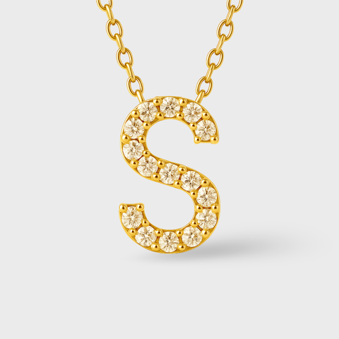 14K Yellow Gold pavé diamond initial necklace with round white diamonds, detail view