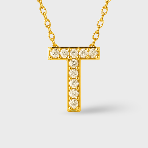 14K Yellow Gold pavé diamond initial necklace with round white diamonds, worn view