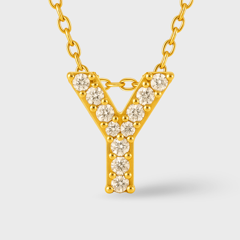 14K Yellow Gold pavé diamond initial necklace with round white diamonds, front view