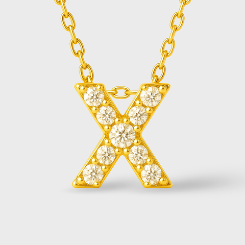 14K Yellow Gold pavé diamond initial necklace with round white diamonds, side view