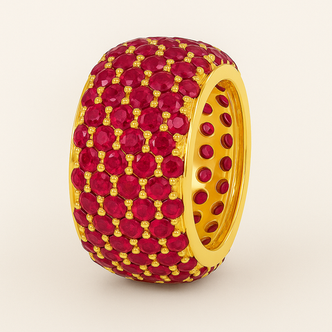 Five row pavé ruby rondelle in 14K gold featuring 121 round rubies in a domed, polished design