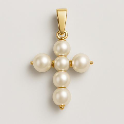 14K gold pearl cross pendant with six freshwater pearls