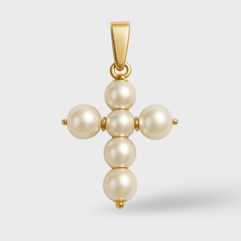 14K gold cross pendant with six freshwater pearls