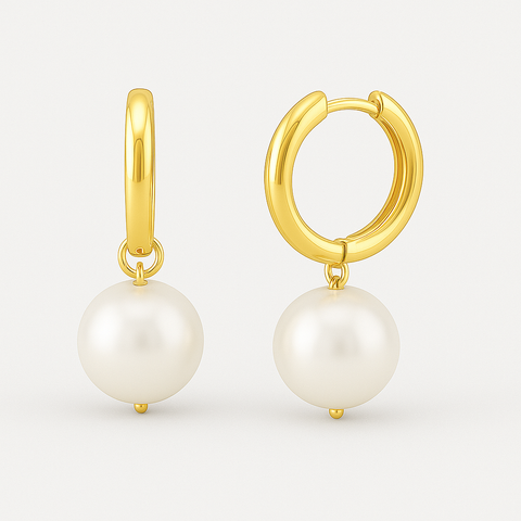 14K Yellow Gold Freshwater Pearl Drop Huggie Earrings – luminous 6.5–7.5mm pearls, polished finish, elegant and versatile for day-to-night wear.