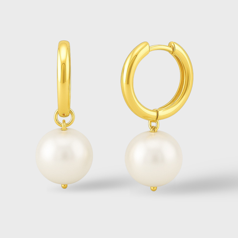 14K Yellow Gold pearl drop huggie earrings with pearl, front view