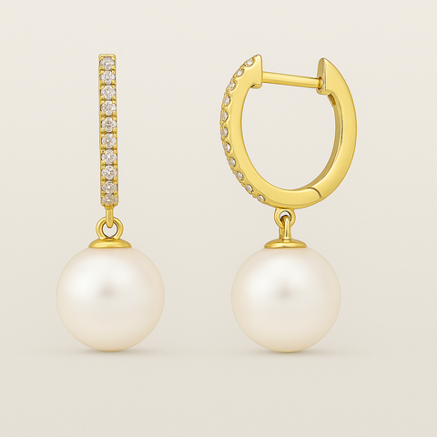 14K yellow gold pavé diamond huggie earrings with 7.5 mm freshwater pearl drops
