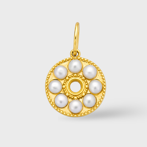 14K Yellow Gold pearl encrusted round pendant 14k gold with pearl, front view