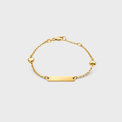 14K Yellow Gold puffy hearts id bracelet, front view