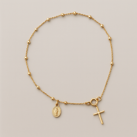 18K gold rosary bracelet with cross charm and Virgin Mary medal