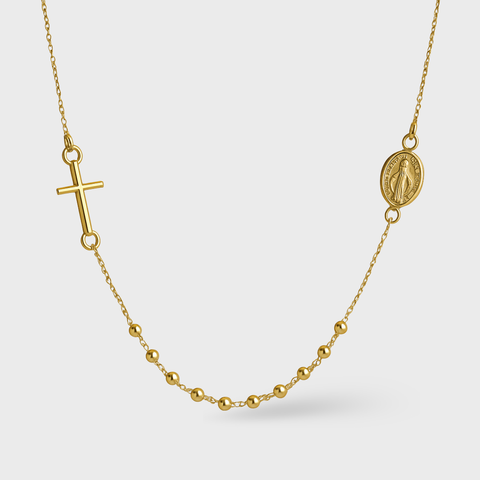 18K Yellow Gold round rosary necklace, front view