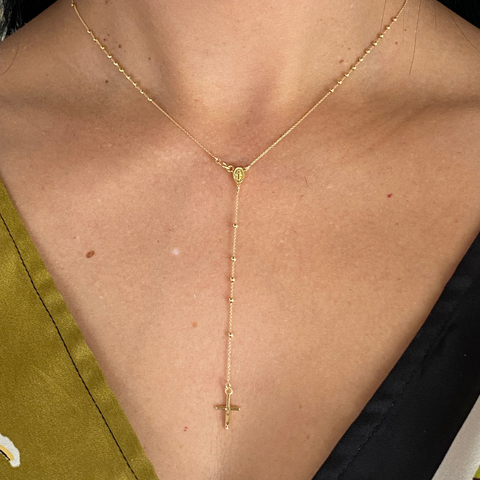 18K Yellow Gold thin short rosary necklace, side view