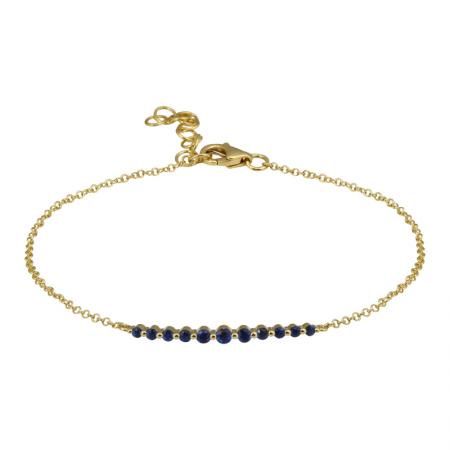 14K yellow gold bar bracelet featuring 11 round blue sapphires on an adjustable fine gold chain.