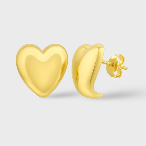 14K Yellow Gold sculpted heart stud earrings, front view
