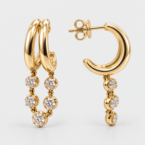 Diamond Double Hoop Drop Earrings in 14K Yellow Gold