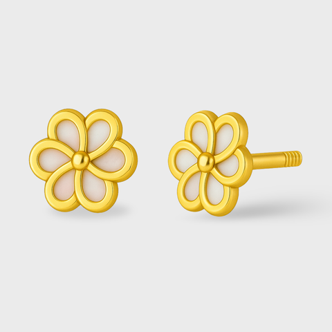 14K Yellow Gold small bezeled mother of pearl fan earrings with pearl, front view