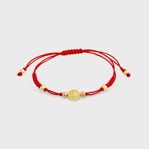14K Yellow Gold small cherub medal red bracelet, front view