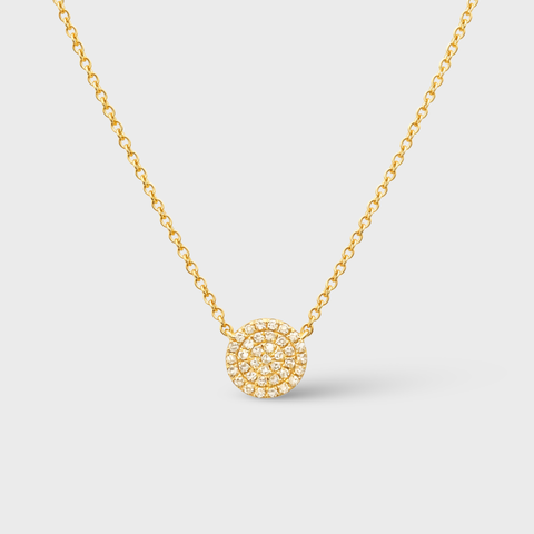 14K Yellow Gold small diamond pavé disc necklace with round white diamonds, front view