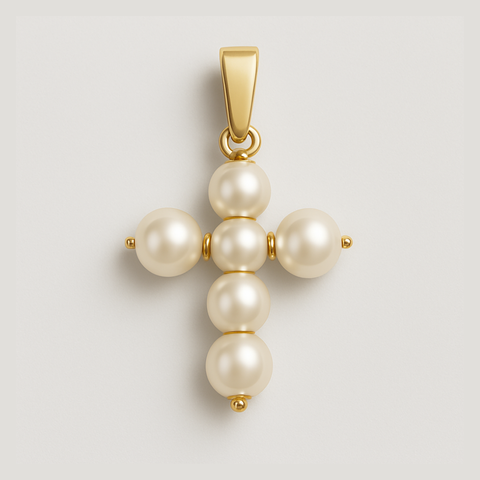 Gold cross pendant with pearl beads on a light gray background