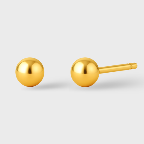 14K Yellow Gold Ball Stud Earrings featuring 4mm polished gold spheres with secure stud fastening, minimalist classic design by Vaskia Jewelry.