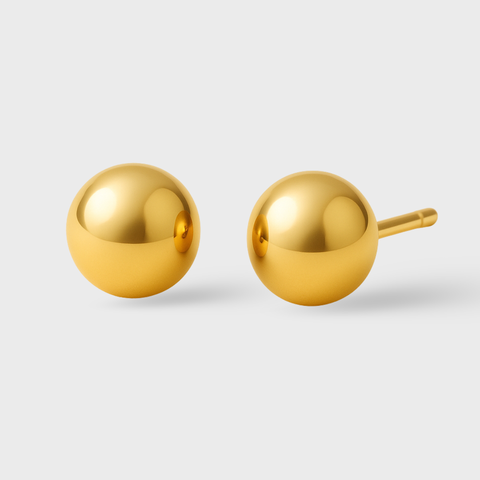 18K Yellow Gold Ball Stud Earrings featuring 8mm polished mirror-finish spheres with secure stud posts, bold minimalist fine jewelry