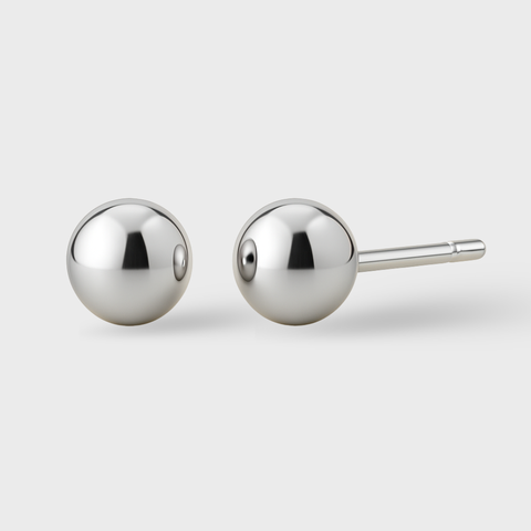 18K White Gold Ball Stud Earrings featuring polished 5mm round spheres with secure stud posts, minimalist everyday design by Vaskia Jewelry.