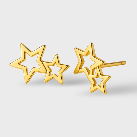 14K Yellow Gold Double Star Stud Earrings featuring two open star silhouettes in polished gold by Vaskia Jewelry