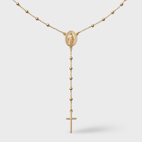 18K Yellow Gold thin long rosary necklace, front view