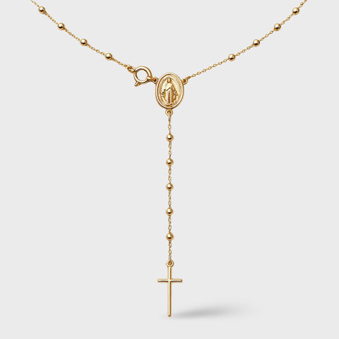 18K Yellow Gold thin short rosary necklace, front view
