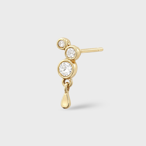 14K Yellow Gold three diamond drop piercing with round white diamonds, front view